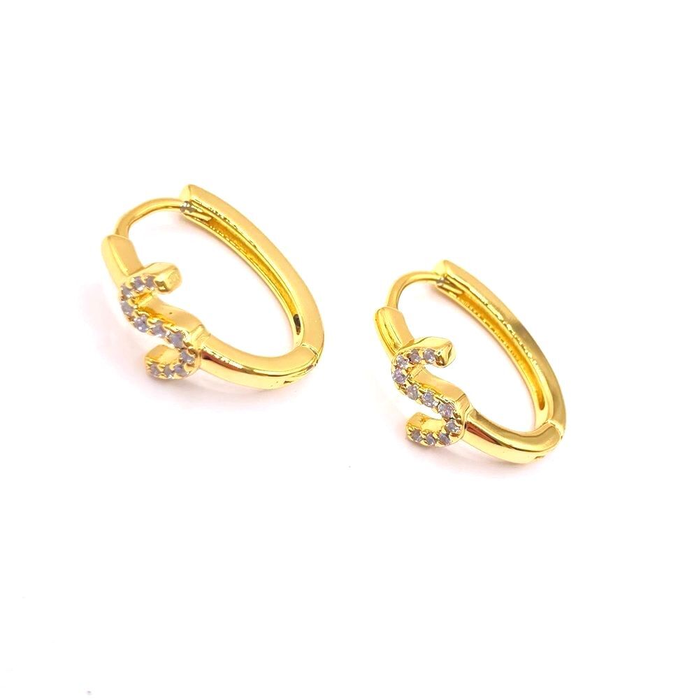Classic Gold Rhinestone Initial S Oval Hoop Earrings